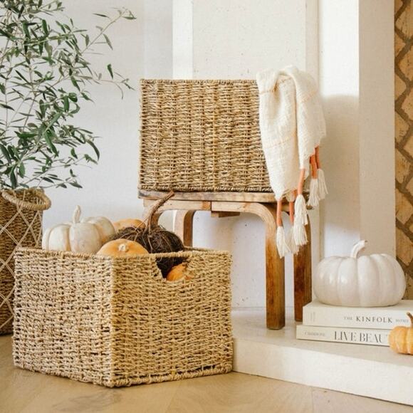 BirdRock Home Woven Storage Shelf Organizer Baskets w/ Handles Natural Seagrass - Picture 4 of 8
